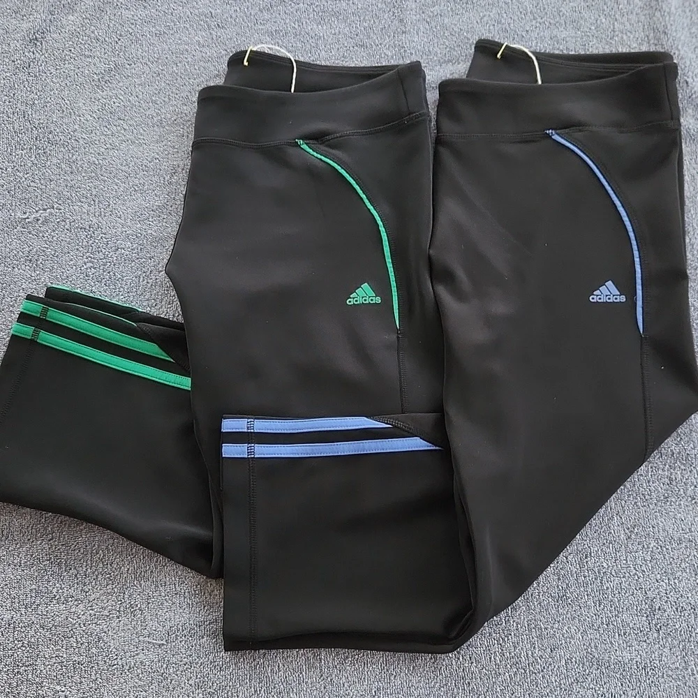 Adidas Black Leggings with Green Or Blue Accents. Large. Gently Worn. 2 For$10! - Picture 3 of 3